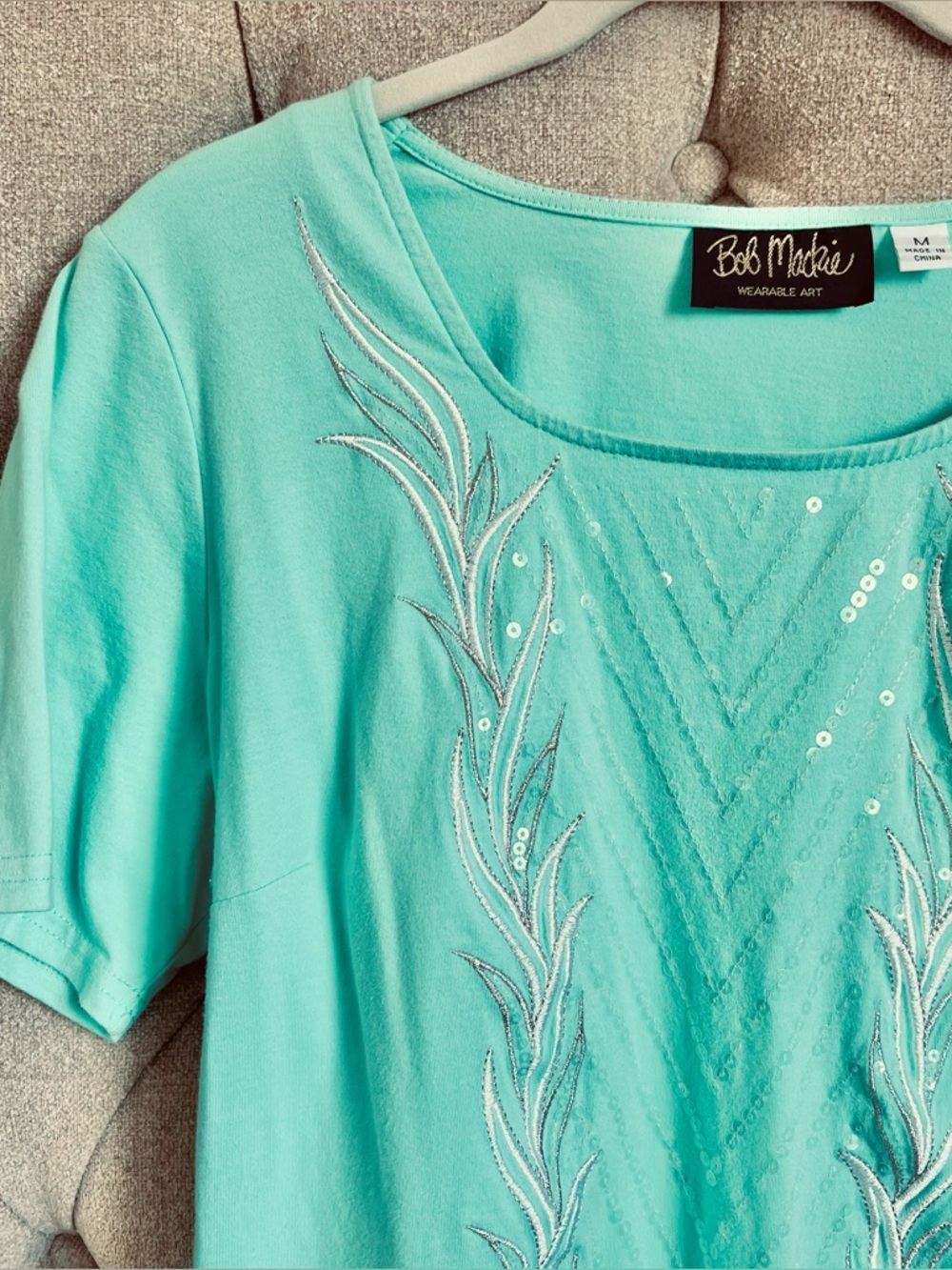 Bob Mackie Wearable Art sequined mermaid green top medium M cotton mint